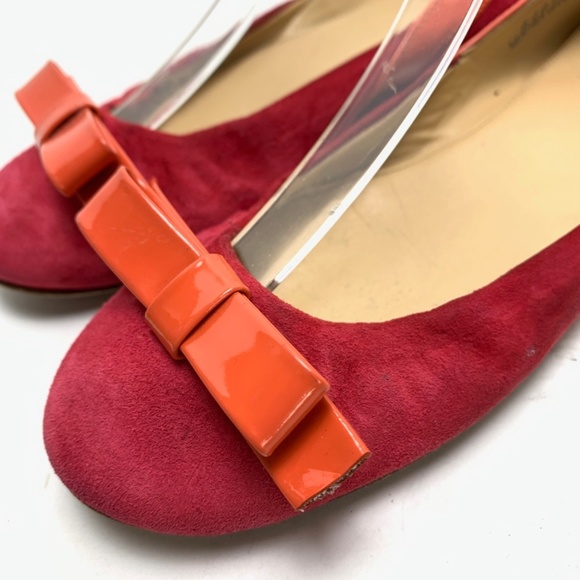 J CREW Made In ITALY Pink Orange Genuine Leather Suede Flats Bow Toe Shoes 6.5 - Picture 9 of 16